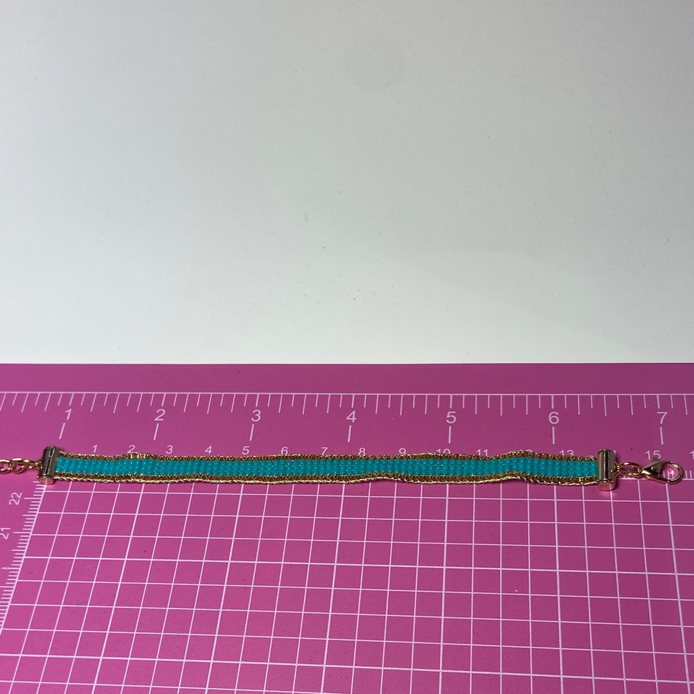 Teal and Gold  loom-beaded bracelet Miyuki Delica seed beads - Picture 8 of 9